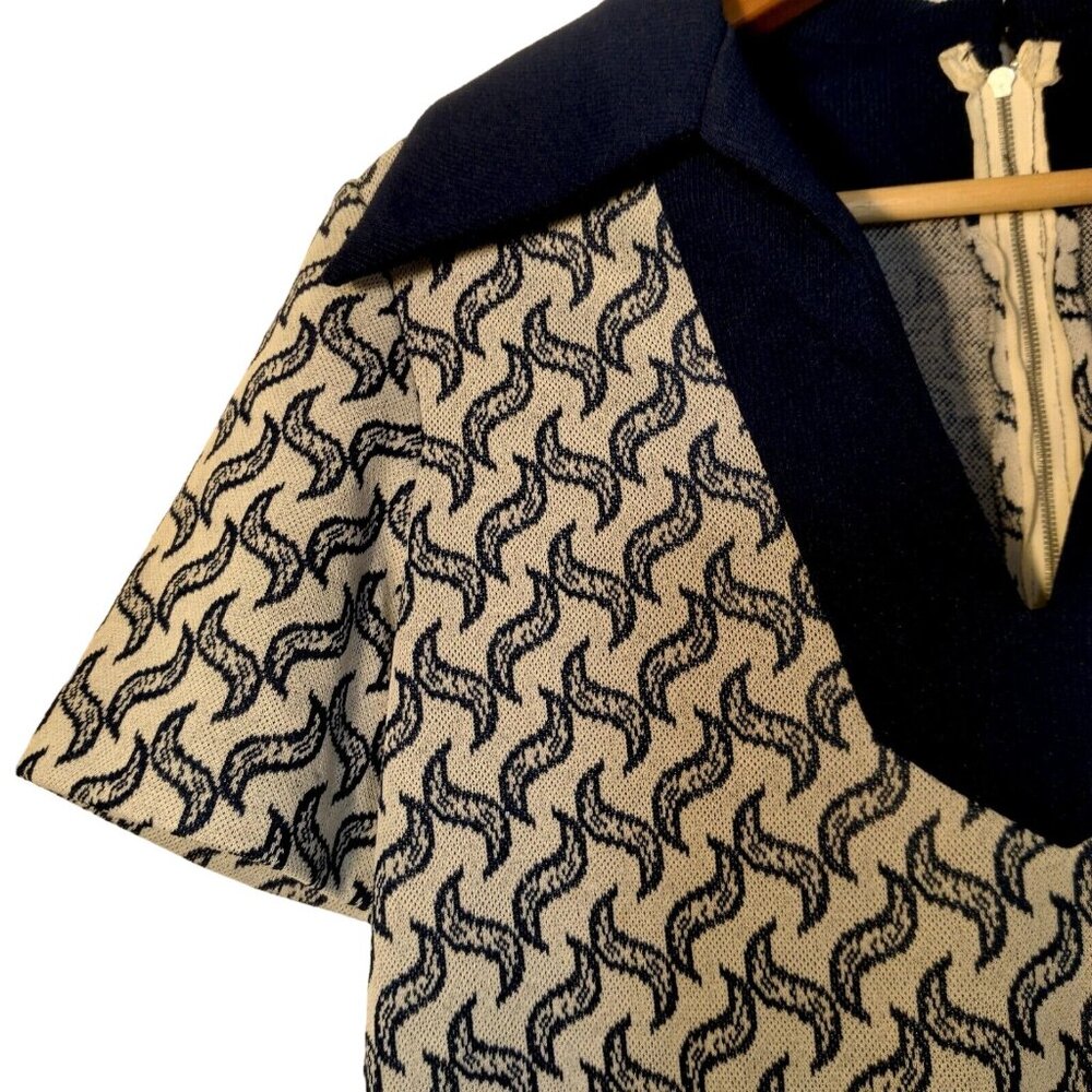 Vintage 1960s Homemade Dress Blue White Short Sleeve Collared V Neck Rockabilly - Picture 6 of 12